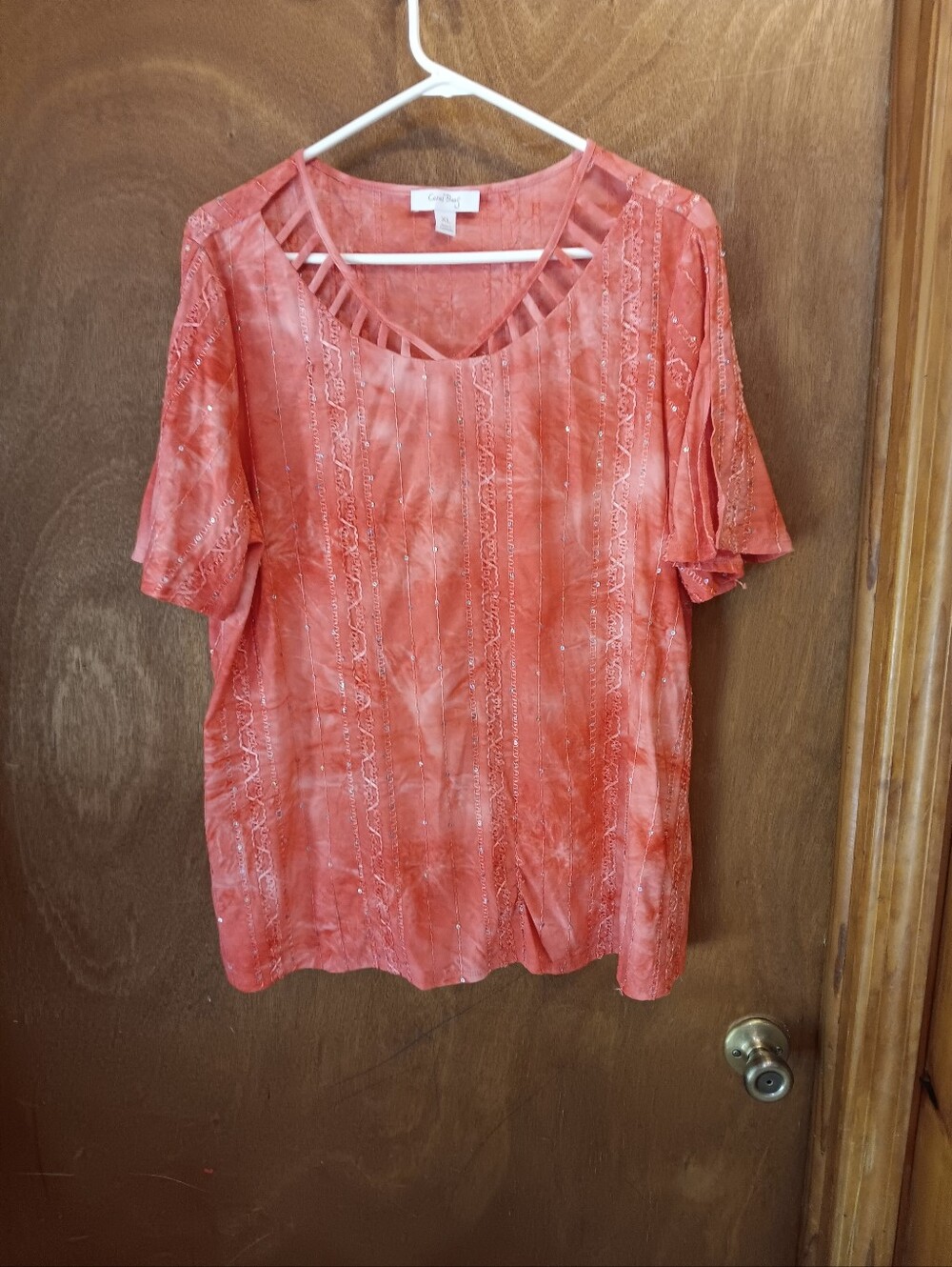 Coral Bay.  Coral Tie-Dye Short Sleeve Top with Lattice Detail